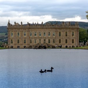 Chatsworth House with the lake at the front view